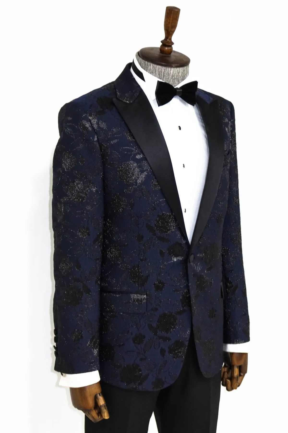 Floral Patterned Navy Blue Men Dinner Jacket - Wessi