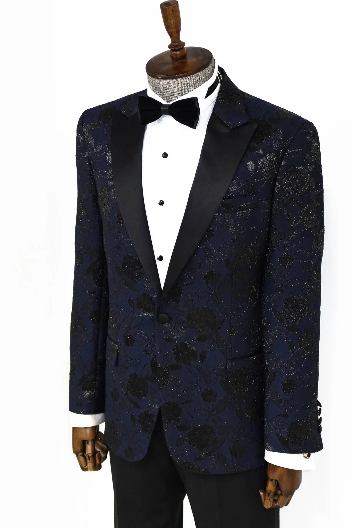 Floral Patterned Navy Blue Men Dinner Jacket - Wessi