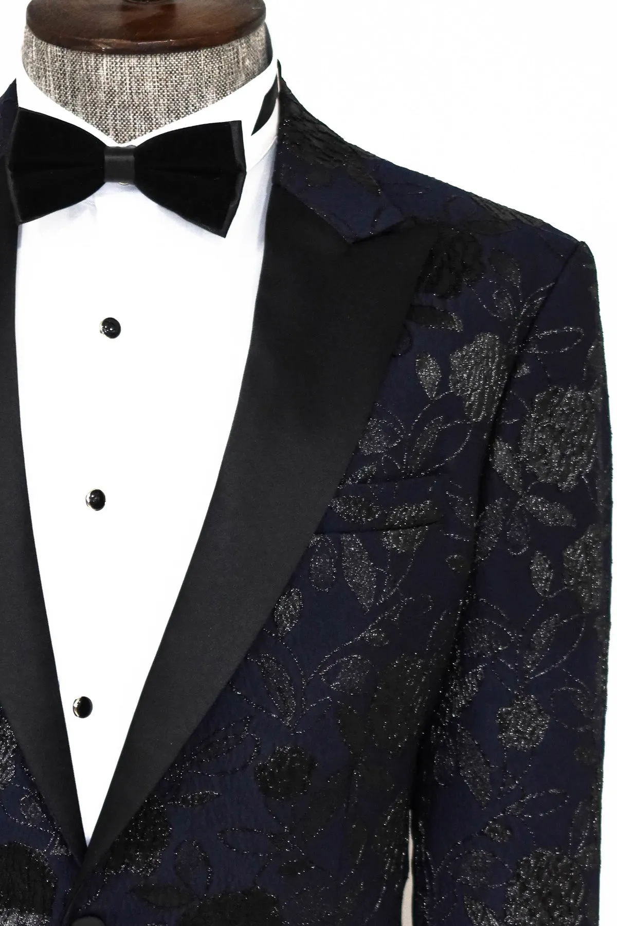 Floral Patterned Navy Blue Men Dinner Jacket - Wessi