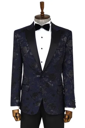 Floral Patterned Navy Blue Men Dinner Jacket - Wessi