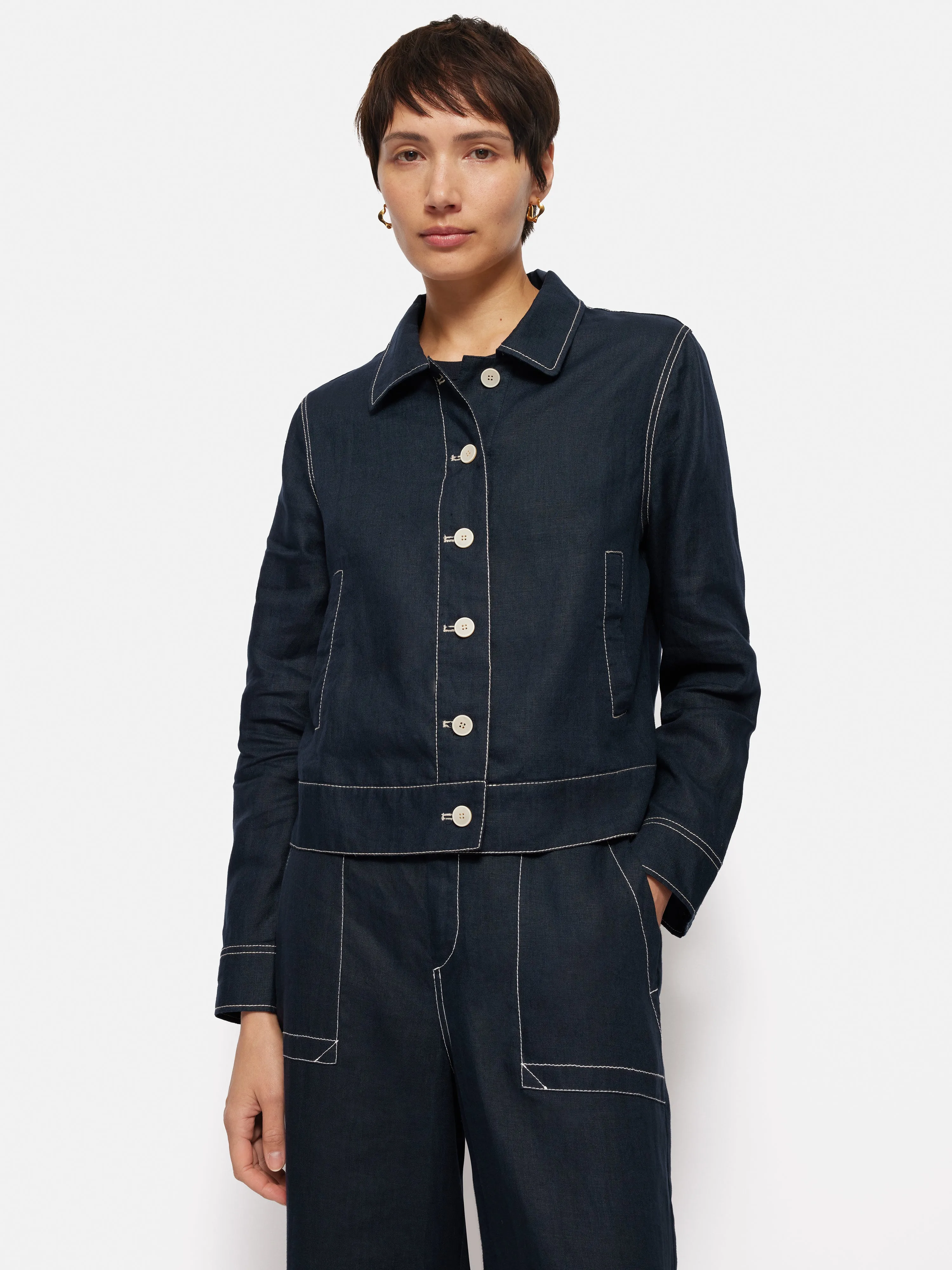 French Linen Cropped Jacket | Navy