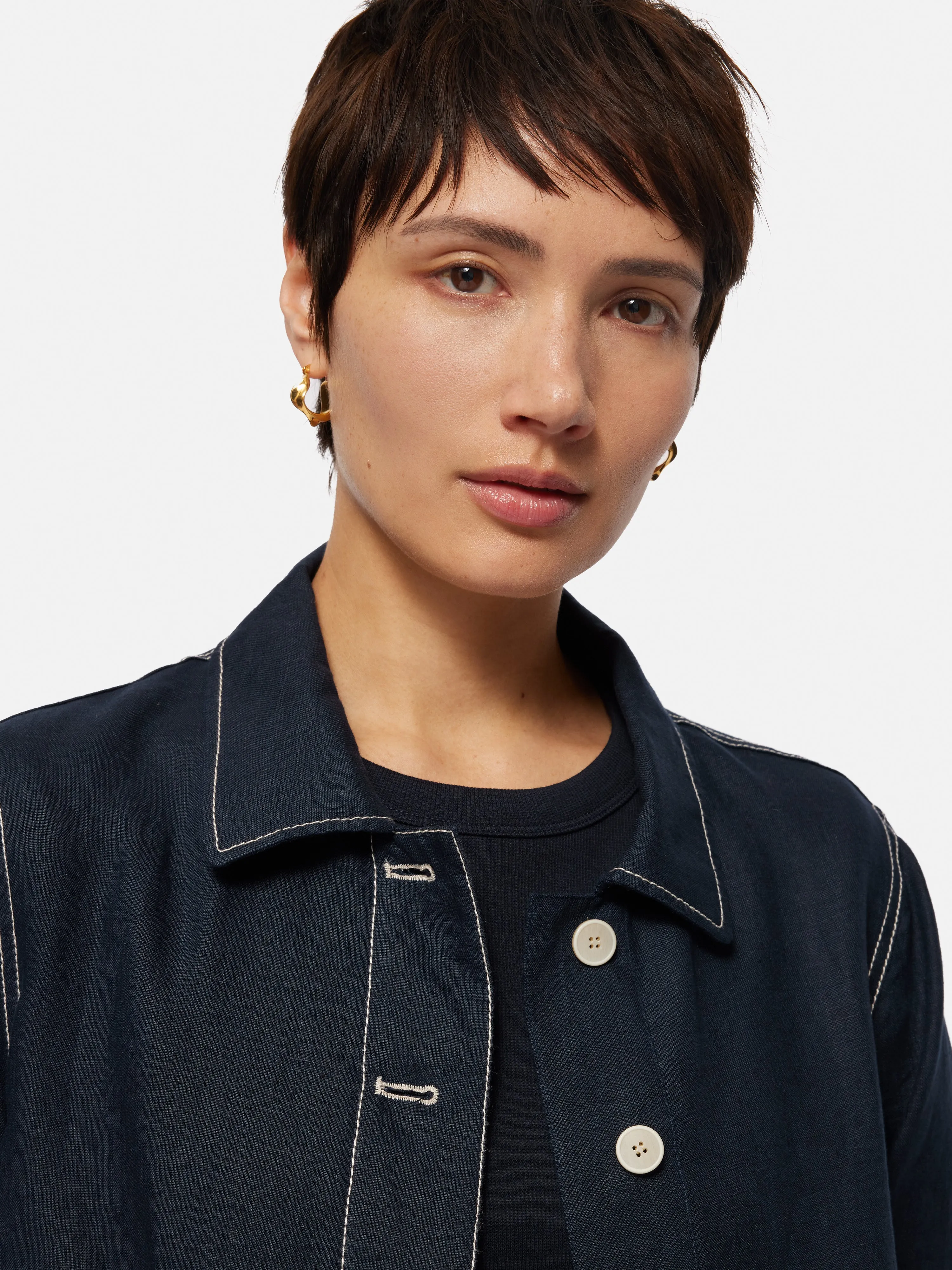 French Linen Cropped Jacket | Navy