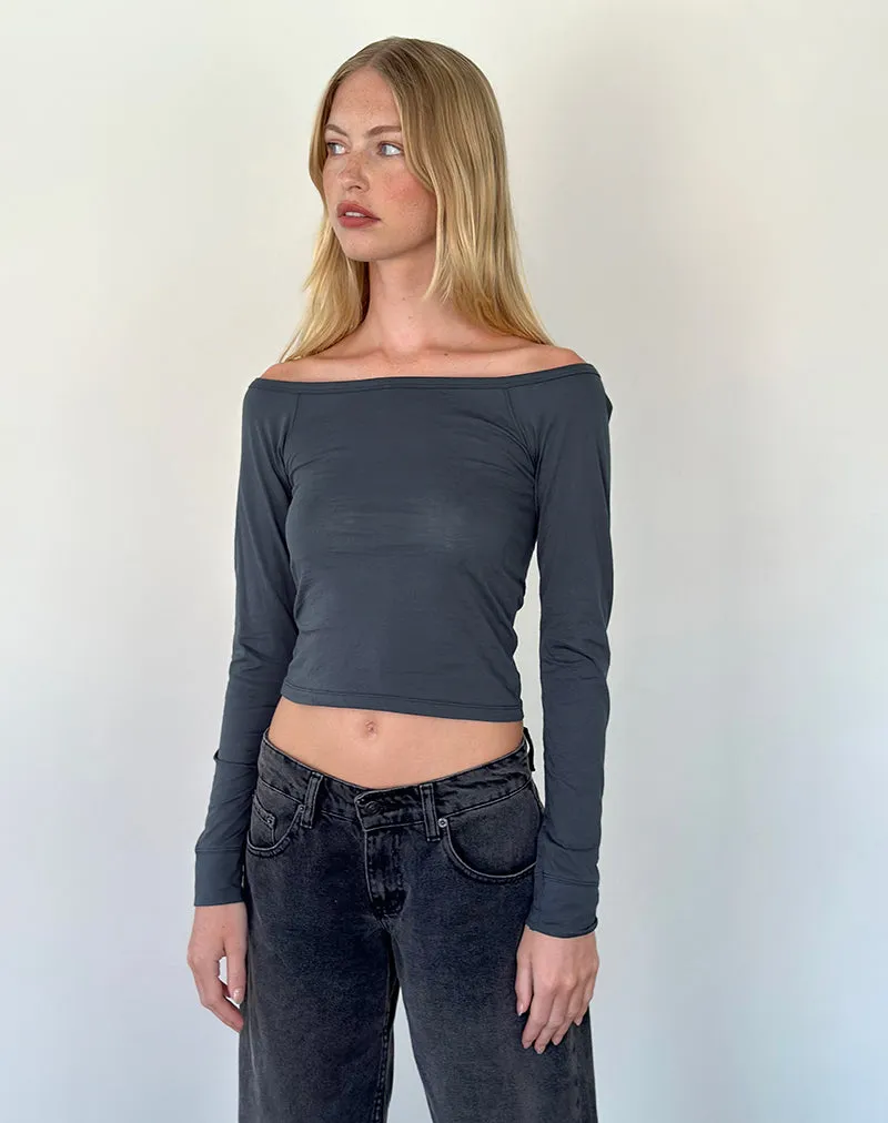 Gavya Long Sleeve Bardot Top in Ocean Storm Jersey