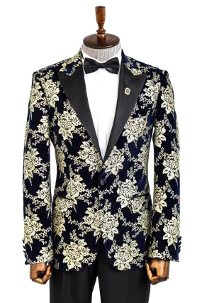 Gold Floral Patterned Navy Blue Men  Party Blazer - Wessi