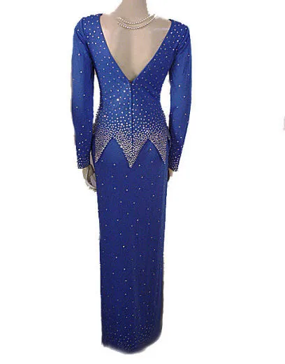 GORGEOUS '70s / 80s ROSE TAFT COUTURE FASHIONS RHINESTONE ENCRUSTED EVENING GOWN IN "NIGHTS IN PARIS BLUE"