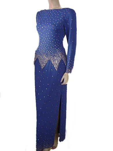 GORGEOUS '70s / 80s ROSE TAFT COUTURE FASHIONS RHINESTONE ENCRUSTED EVENING GOWN IN "NIGHTS IN PARIS BLUE"