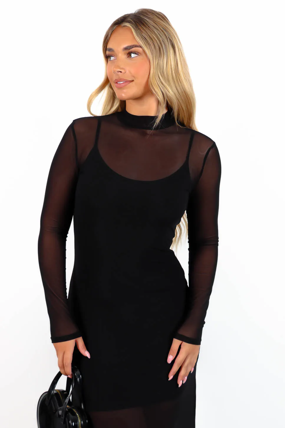 Its Sheer Luck - Black Long Sleeve Mesh Overlay Midi Dress