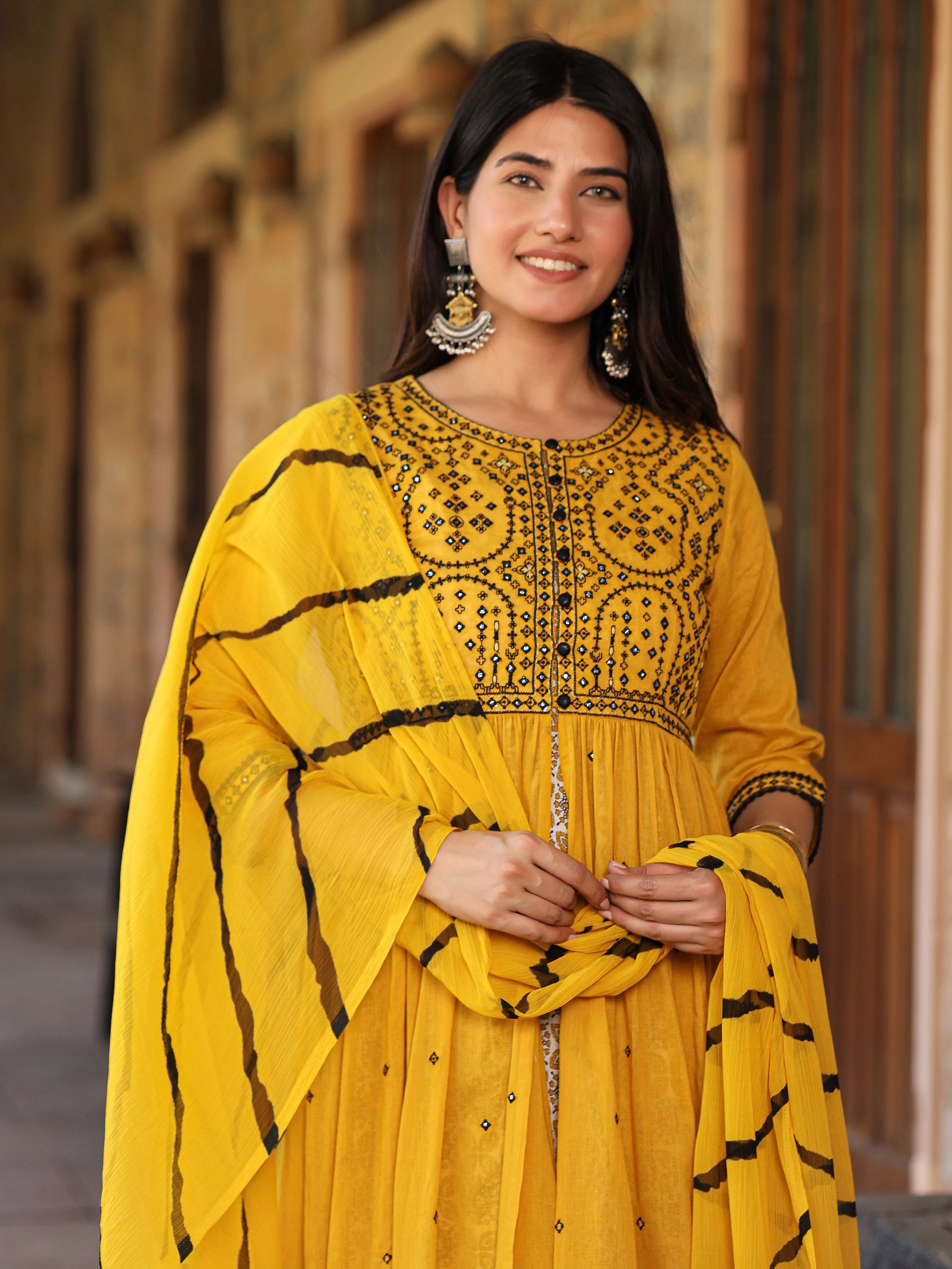 Juniper Mustard & Black Cotton  Embroidered Anarkali Dress With Jacket & Tie-Dye Dupatta