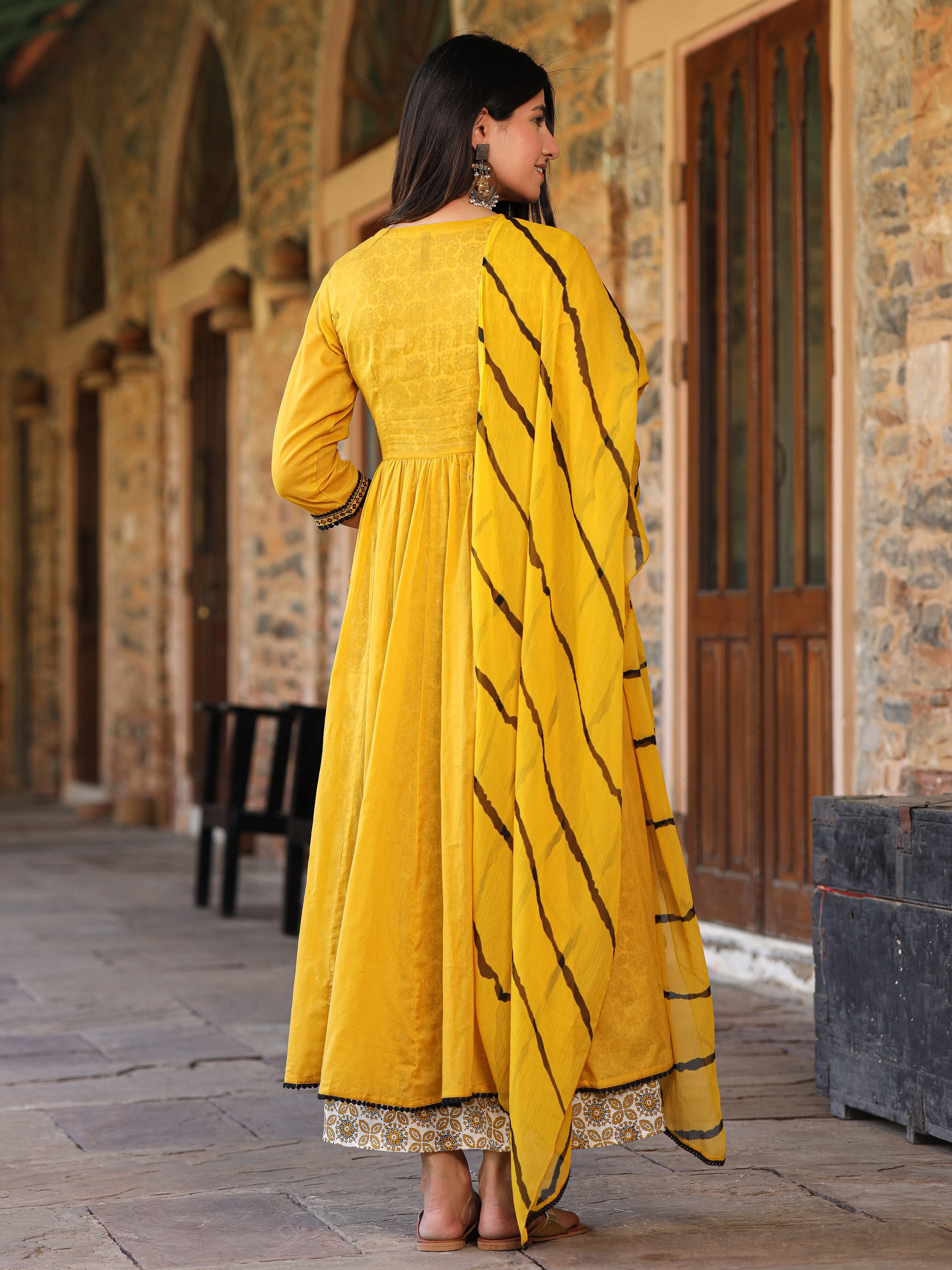 Juniper Mustard & Black Cotton  Embroidered Anarkali Dress With Jacket & Tie-Dye Dupatta