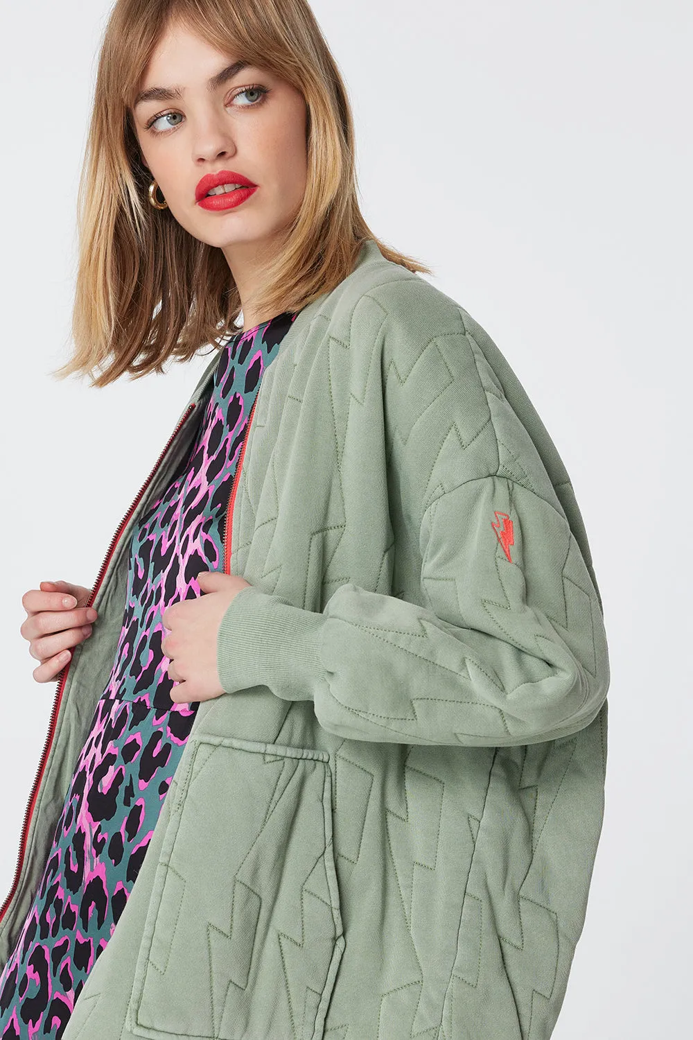 Khaki Quilted Lightning Bolt Oversized Bomber Jacket