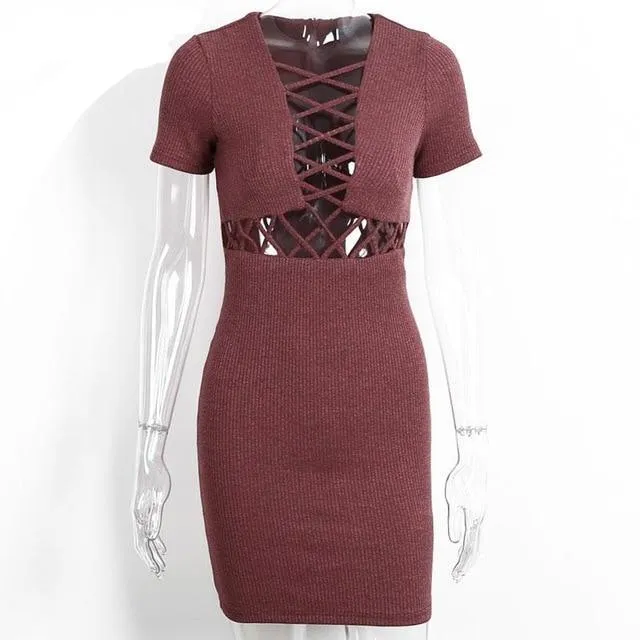 Knitted Sexy Lace Up Bodycon Dress