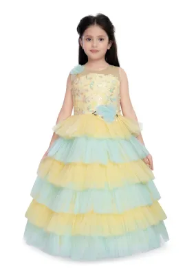 Lemon Coloured Layered Maxi Dress Trendy Frill Concept Gown For Girls