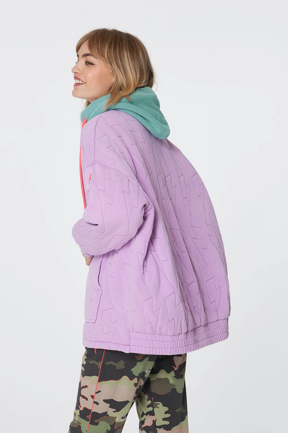 Lilac Organic Cotton Quilted Lightning Bolt Oversized Bomber Jacket