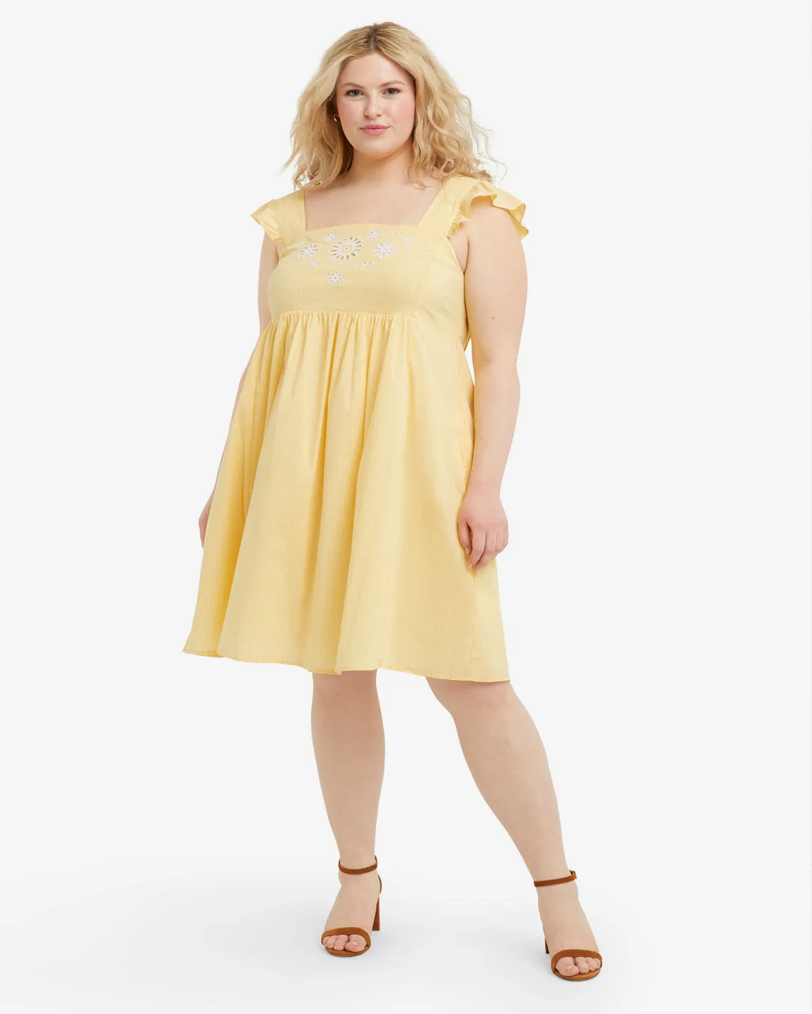 Maddie Embroidered Babydoll Dress in Yellow Stripe