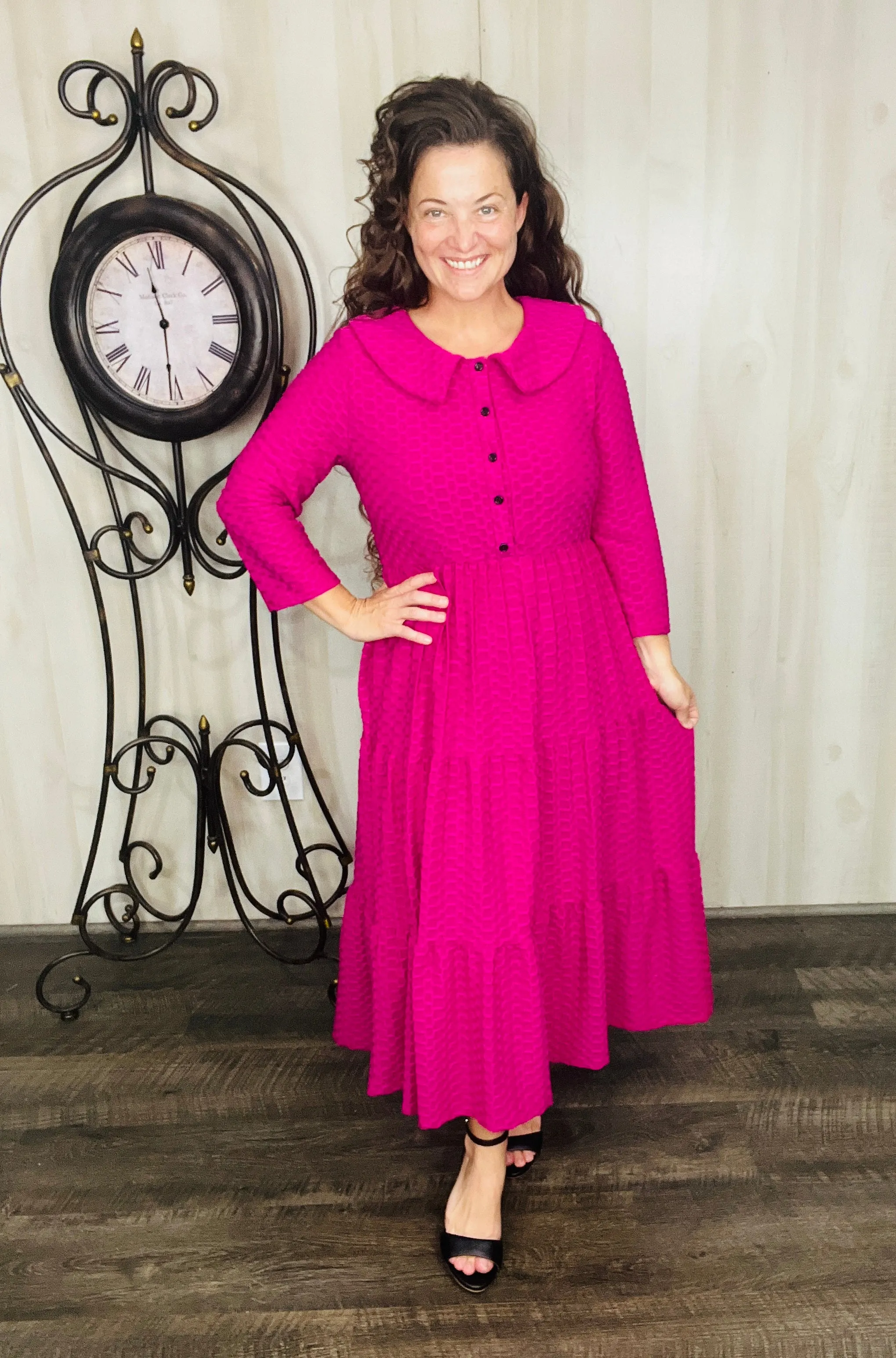 Magenta Honeycomb Buttons & Collar Dress