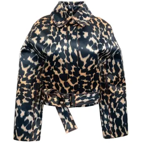 Maison Rabih Kayrouz Navy Blue Leopard Print Cropped Moto Jacket