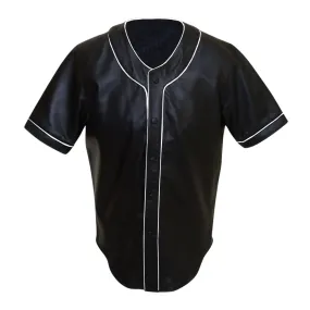 Mens Black Leather Baseball Jersey Style Half Sleeve Shirt