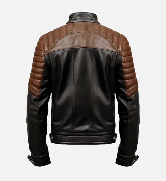 Men's Brown Black Cafe Racer Leather Jacket