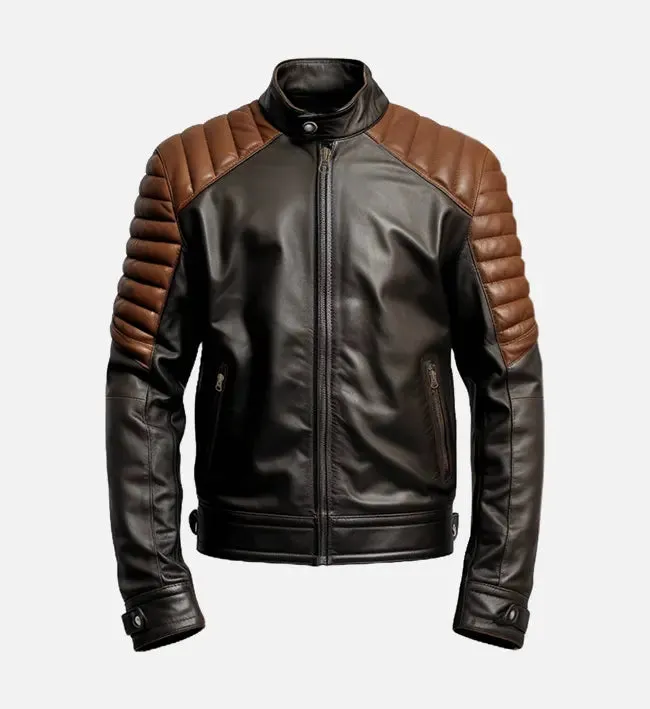 Men's Brown Black Cafe Racer Leather Jacket