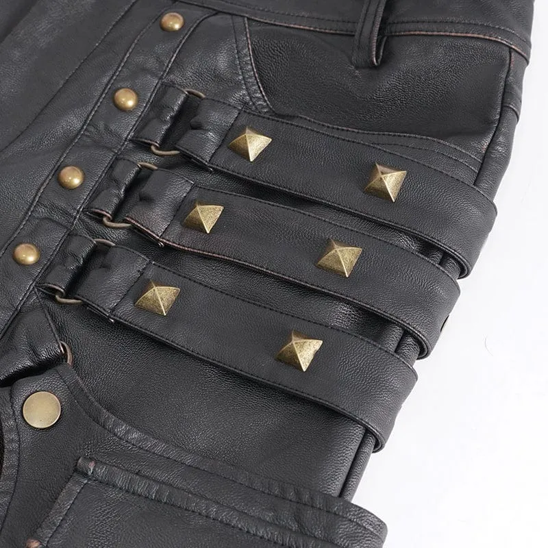 Men's Gothic Big-pocket Bronze Studded Faux Leather Pants