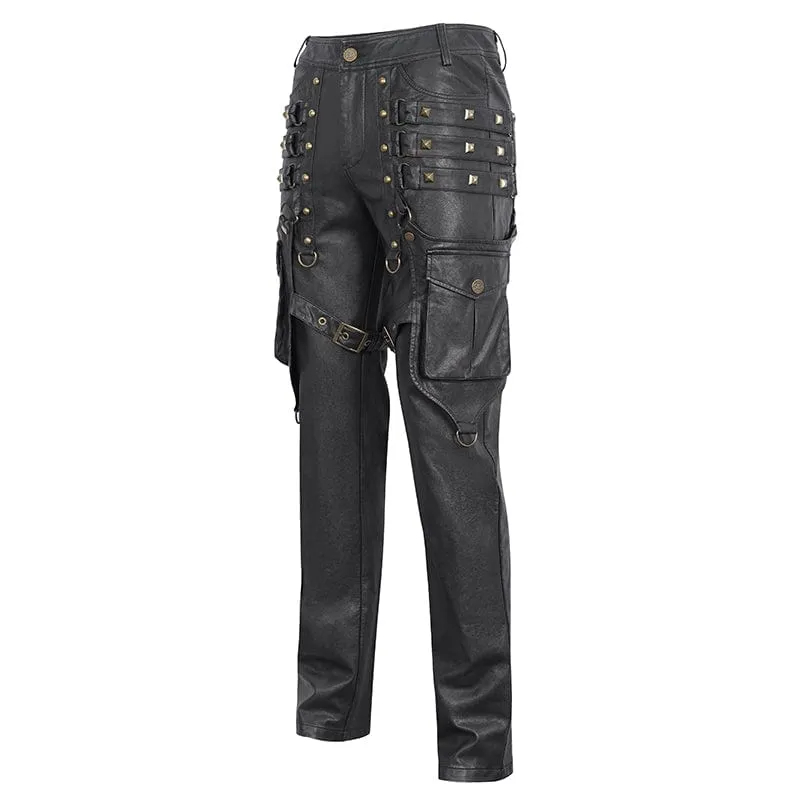 Men's Gothic Big-pocket Bronze Studded Faux Leather Pants