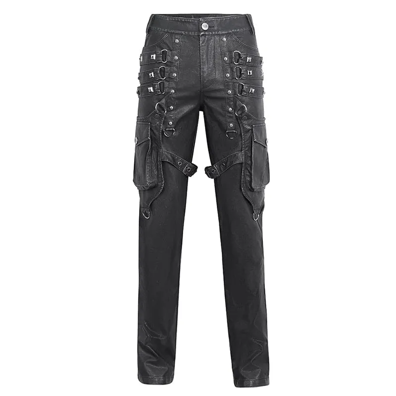 Men's Gothic Big-pocket Sliver Studded Faux Leather Pants