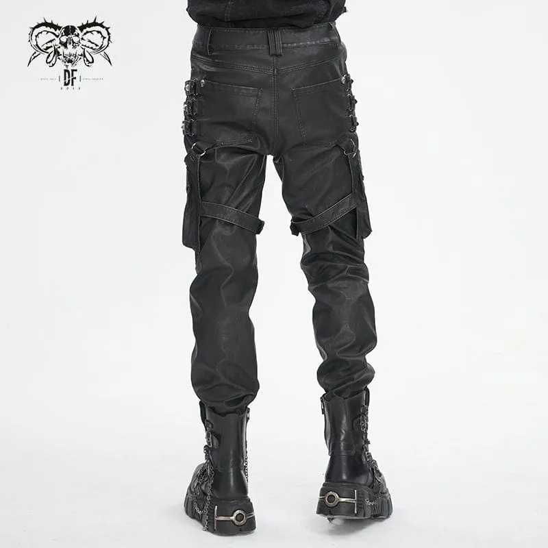 Men's Gothic Big-pocket Sliver Studded Faux Leather Pants