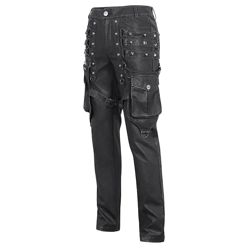 Men's Gothic Big-pocket Sliver Studded Faux Leather Pants