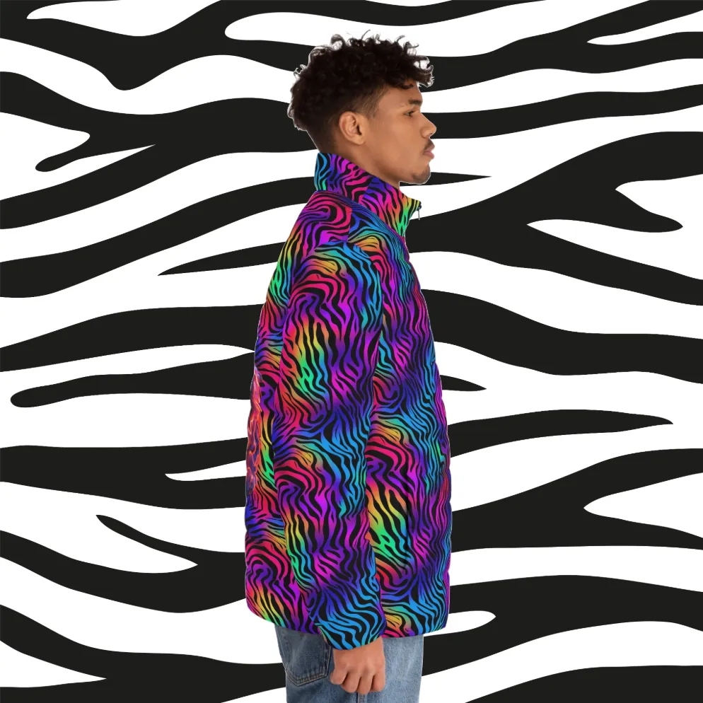 Men's "Neon Hunter" Puffer Jacket (AOP). Puffer Jacket, Spring, Mens Clothes, Warm Jacket, Lightweight, Tiger Graphic Design