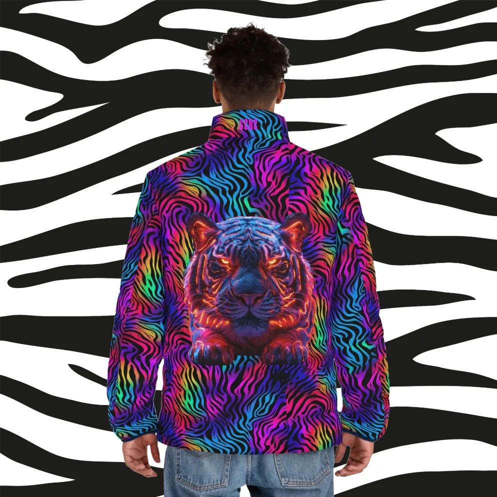 Men's "Neon Hunter" Puffer Jacket (AOP). Puffer Jacket, Spring, Mens Clothes, Warm Jacket, Lightweight, Tiger Graphic Design