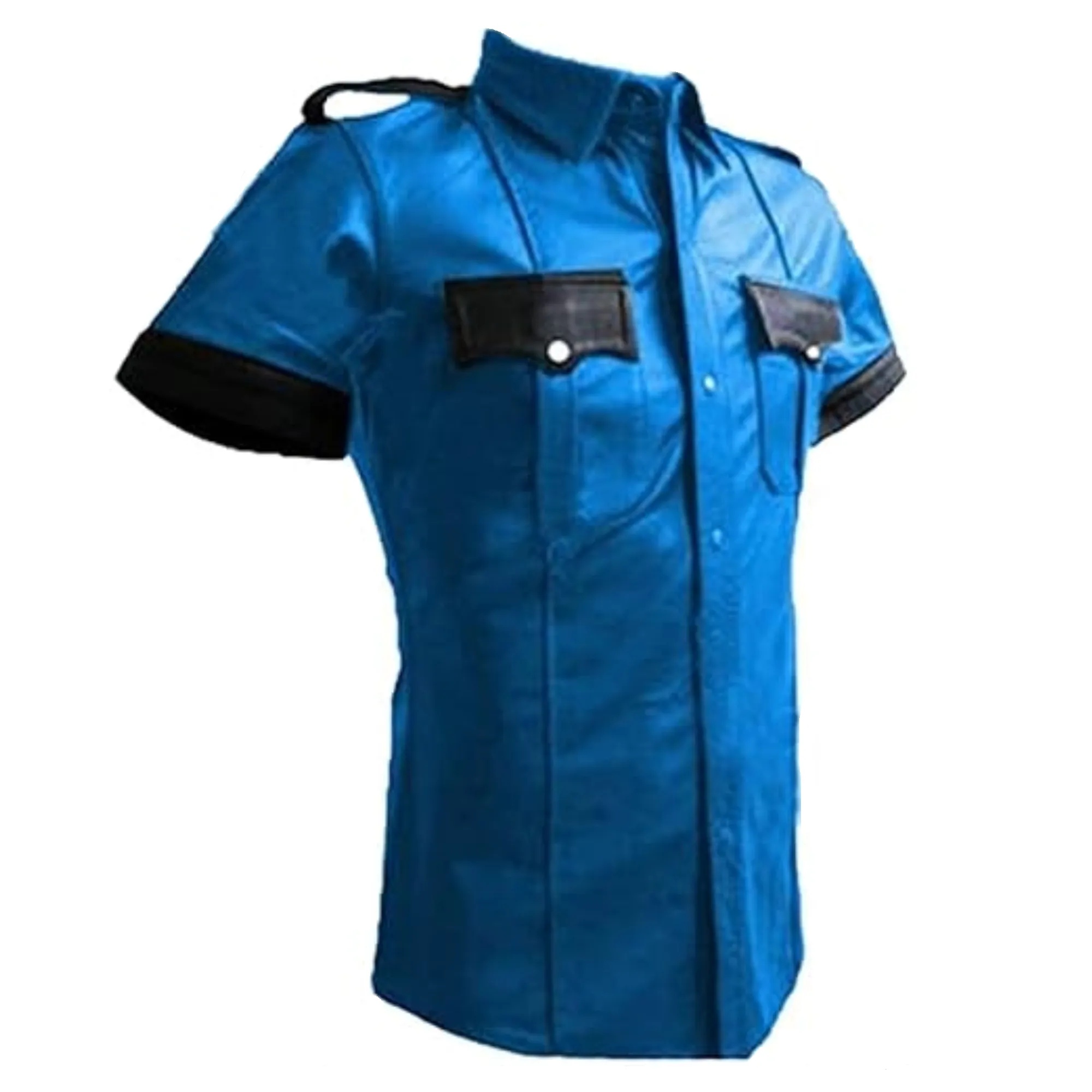 Mens Short Sleeve Blue Leather Shirt