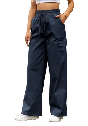 Midnight Blue Women's Brief Elastic Waist Wide Leg Cargo Pants Stretch Loose Pants Y2K