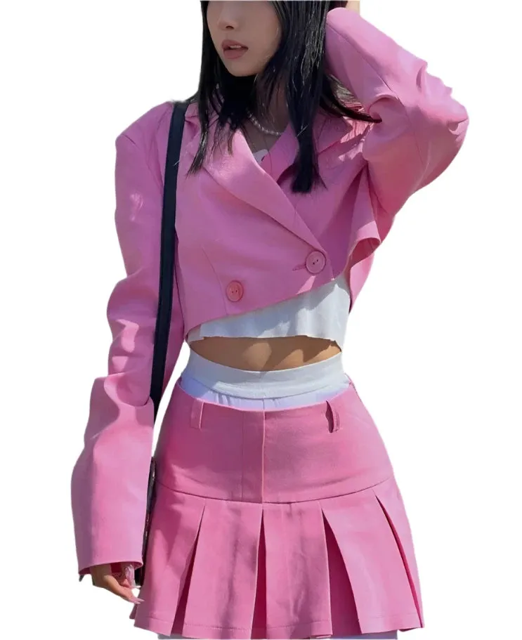 Neon Cropped Two Piece Womens Set/Black Matching Sets With Skirt & Blazer