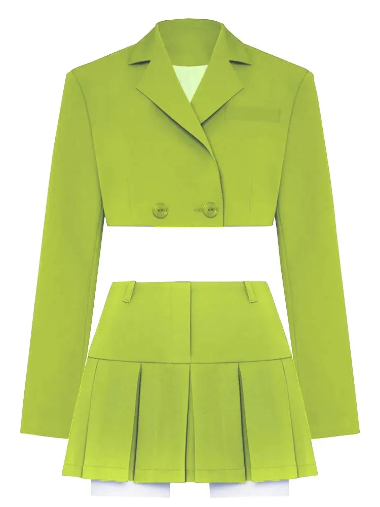 Neon Cropped Two Piece Womens Set/Black Matching Sets With Skirt & Blazer