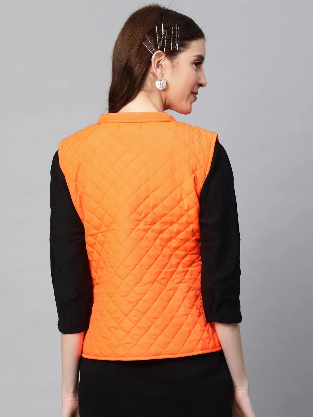 Neon Orange Sleeveless Quilted Puffer Jacket