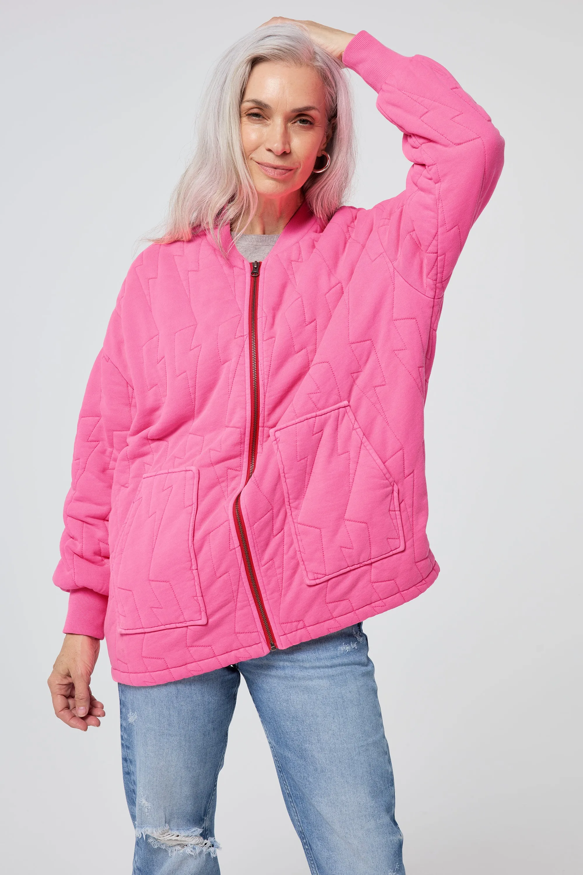 Neon Pink Organic Cotton Quilted Lightning Bolt Oversized Bomber Jacket