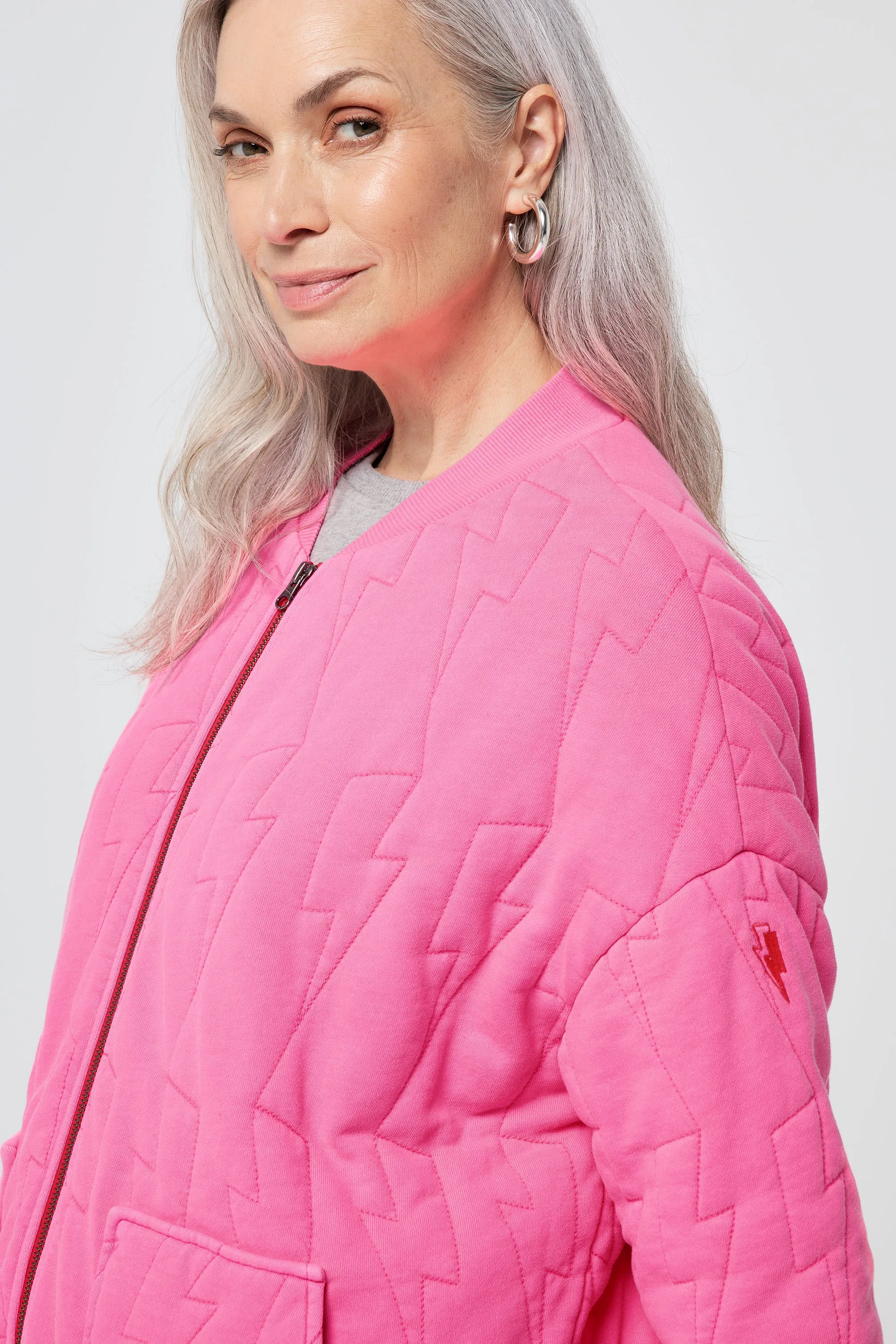 Neon Pink Organic Cotton Quilted Lightning Bolt Oversized Bomber Jacket