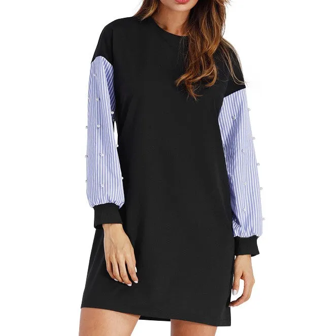 Patchwork Striped Beads Casual Long Sleeve Dress