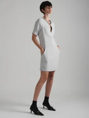 Pearl grey crepe dress with jewel neckline