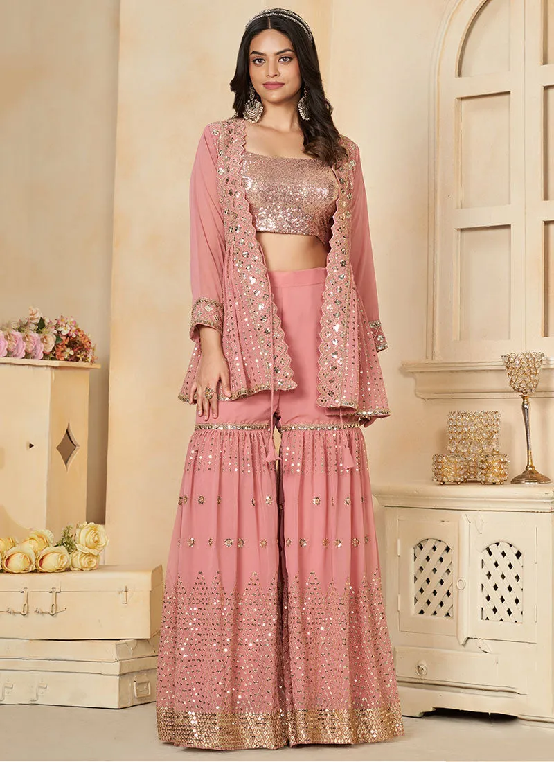 Pink Sequence Embroidery Jacket Style Gharara Suit