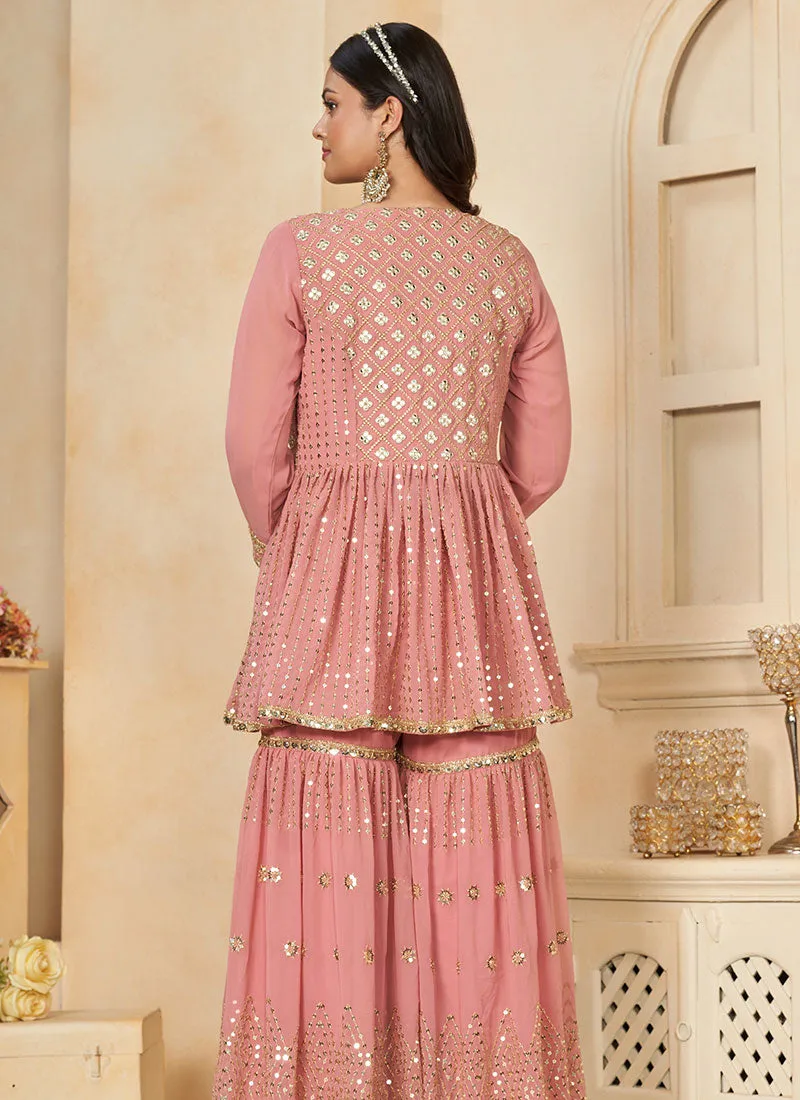 Pink Sequence Embroidery Jacket Style Gharara Suit