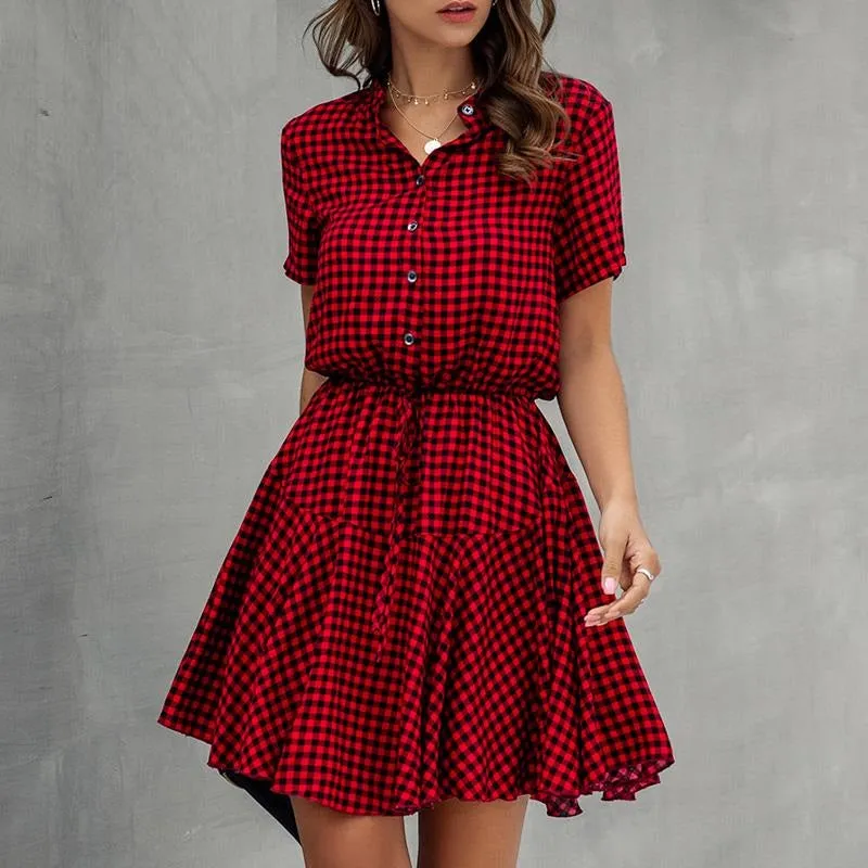 Plus Size Plaid High Waist A-line Loose Office Mini Dress