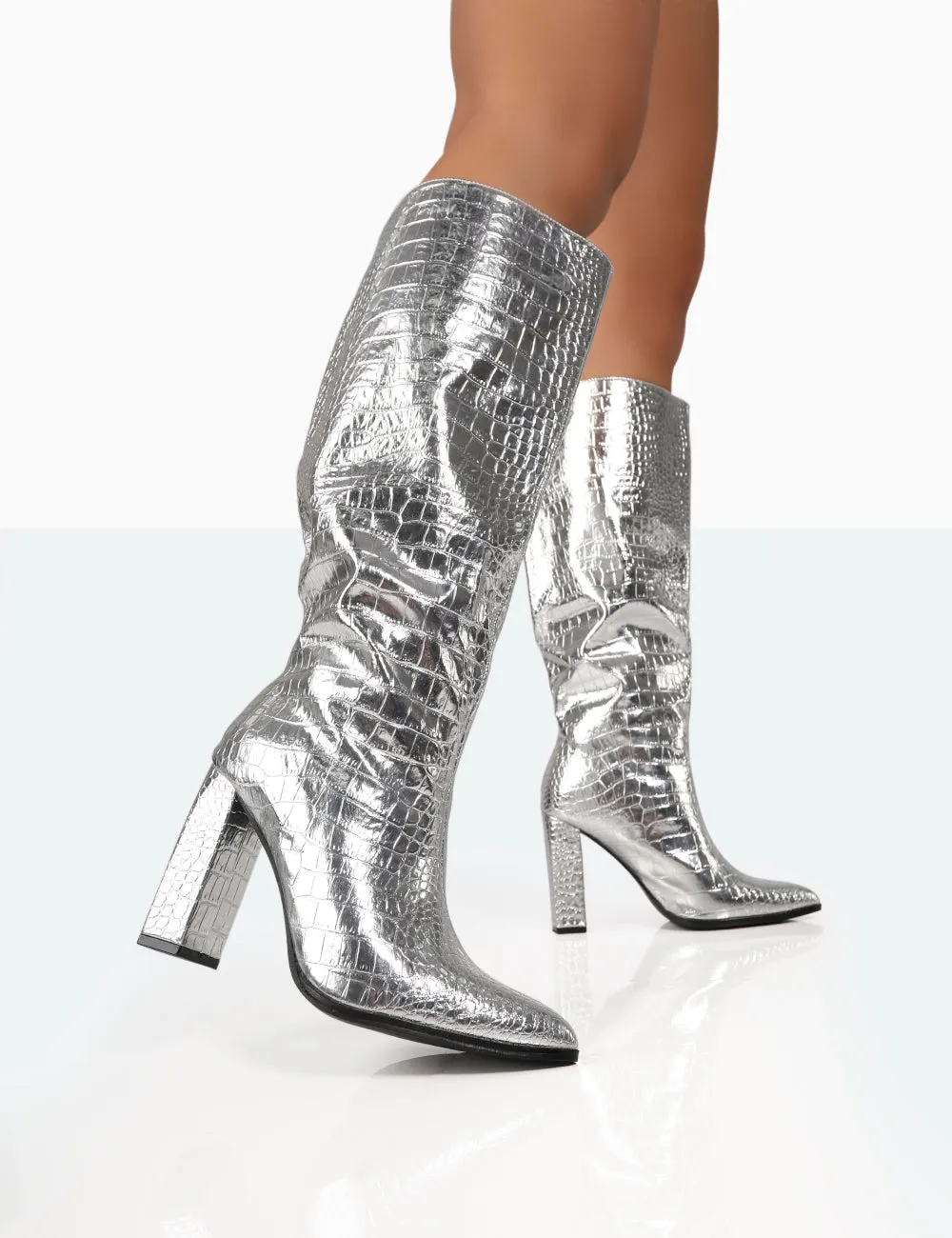 Posie Silver Croc Pu Knee High Block Heel Boots