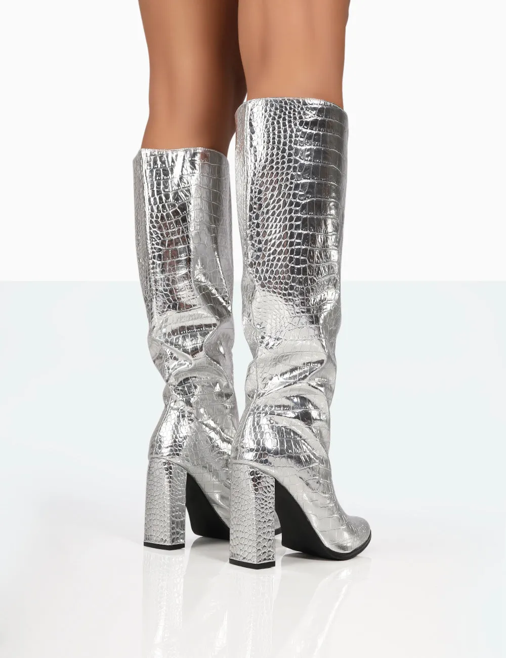 Posie Silver Croc Pu Knee High Block Heel Boots