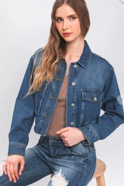 Raw Hem Button Up Cropped Denim Jacket