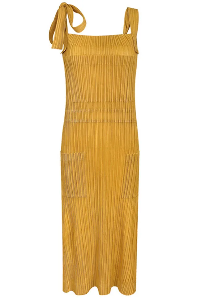 Relaxed Square Neck Tie Strap Pocketed A Line Pleated Midi Sundress - Yellow