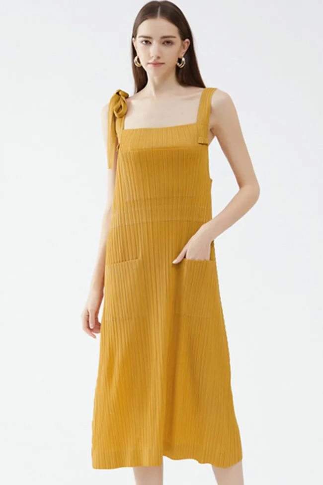 Relaxed Square Neck Tie Strap Pocketed A Line Pleated Midi Sundress - Yellow