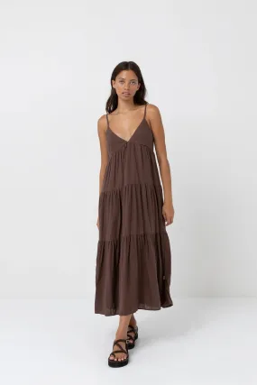 RHYTHM CLASSIC TIERED MIDI DRESS - CHOCOLATE