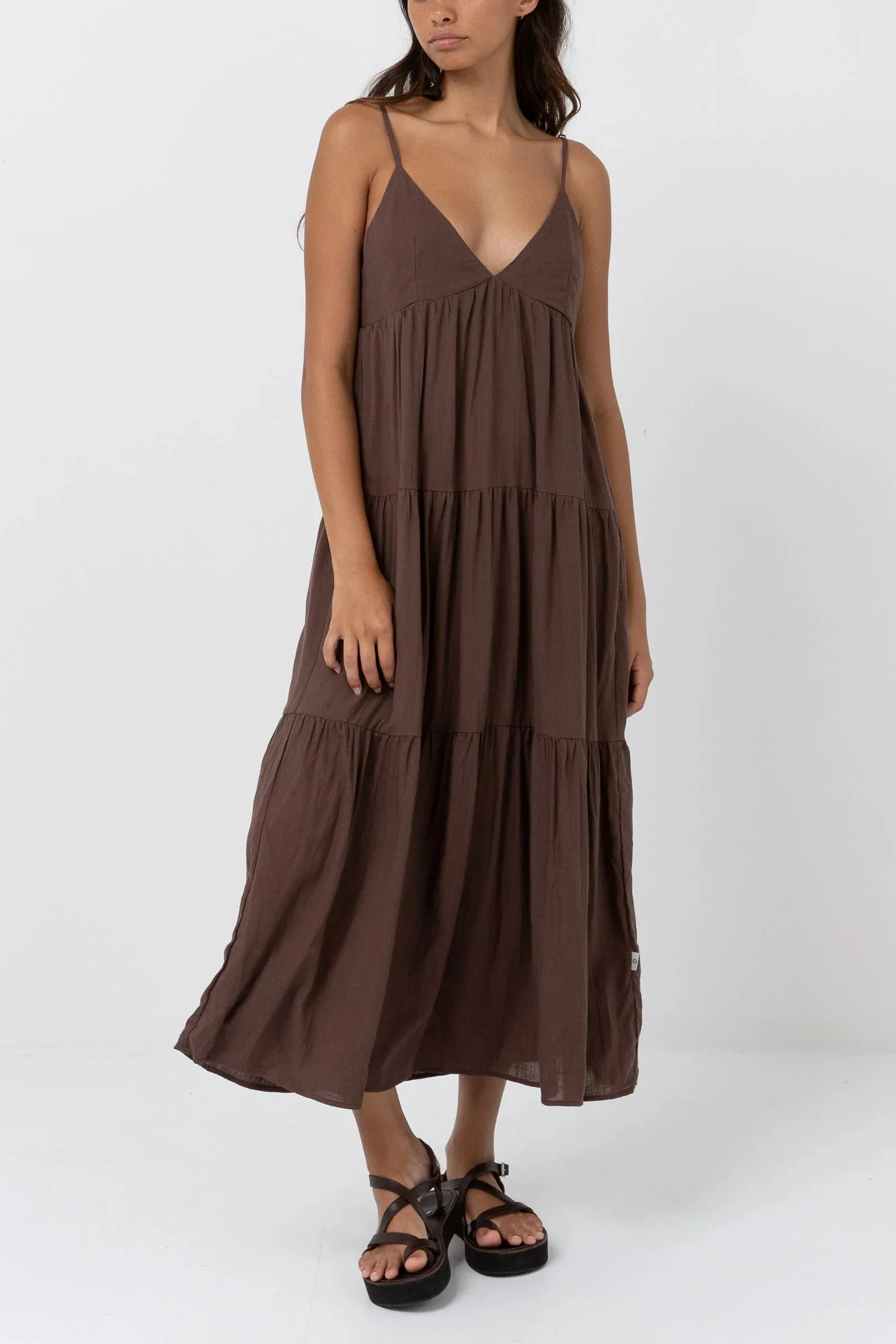 RHYTHM CLASSIC TIERED MIDI DRESS - CHOCOLATE