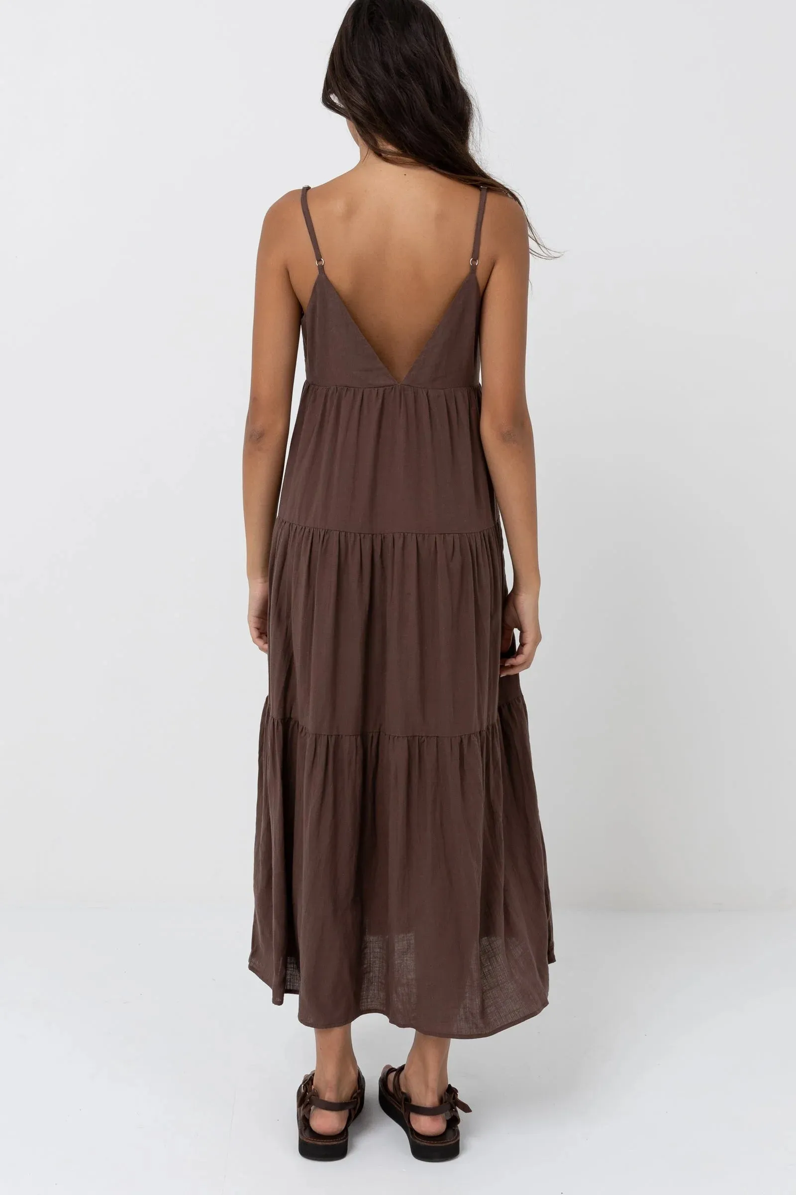 RHYTHM CLASSIC TIERED MIDI DRESS - CHOCOLATE